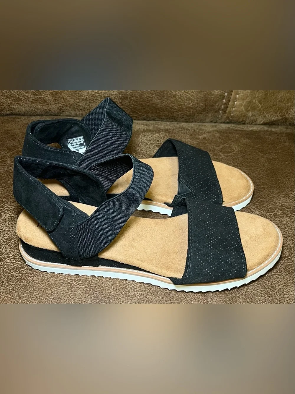 Skechers Sandals Womens 9 Desert Kiss Ankle Strap Black Stretch Wedge 56195S ***